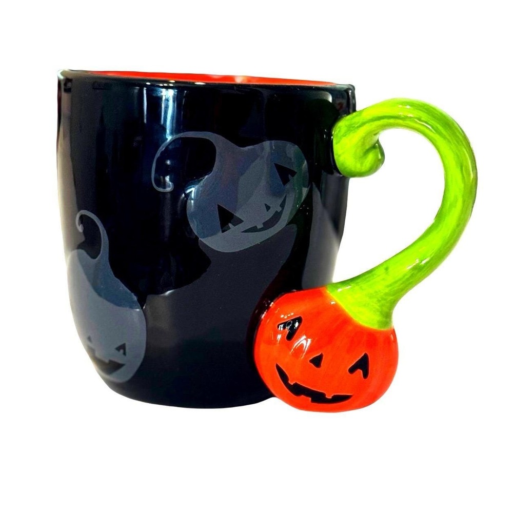 3D Pumpkin Handle Black Ceramic Mug with Spooky Ghost Pumpkin Graphic